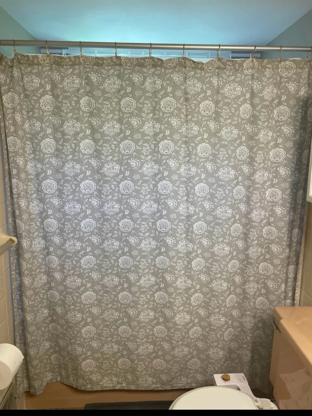Taupe Floral Shower Curtain with White Print - Neutral Bathroom Accent
